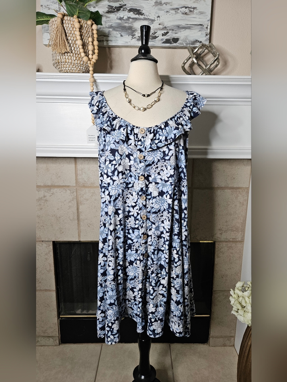 Derek Heart Navy and White Floral Ruffle Button Dress